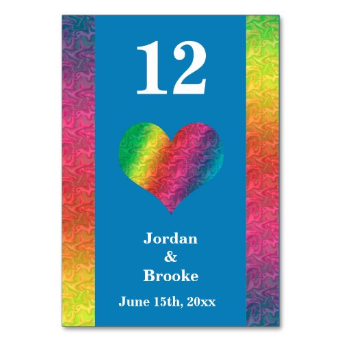 Rainbow Crinkle Wedding Heart Bar Menu Blue Table Number