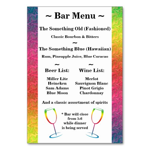 Rainbow Crinkle Wedding Heart Bar Menu Green Table Number