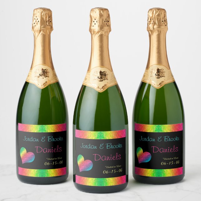 [Rainbow Crinkle Wedding] Heart Butterfly Black Sparkling Wine Label (Bottles)
