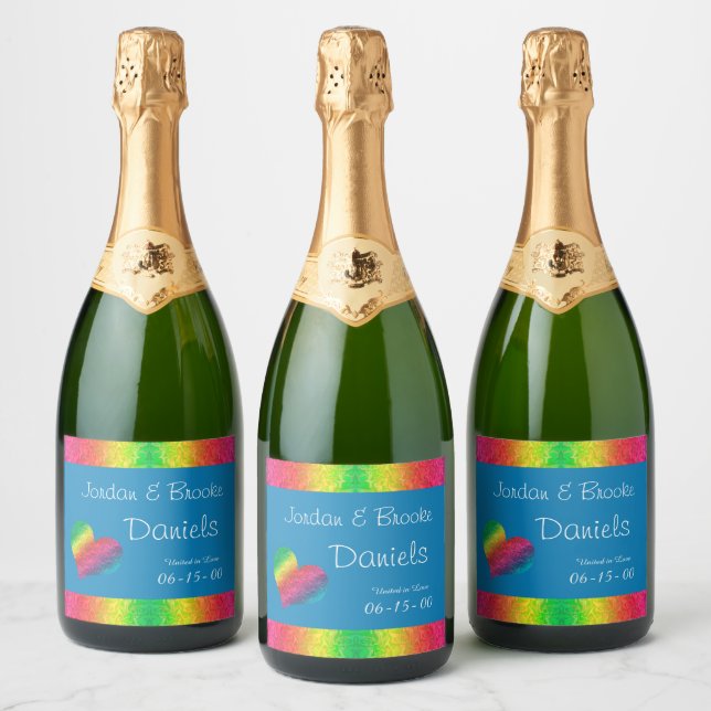[Rainbow Crinkle Wedding] Heart Butterfly Blue Sparkling Wine Label (Bottles)
