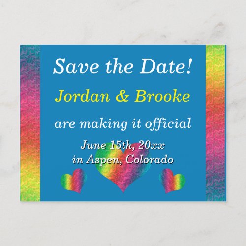 Rainbow Crinkle Wedding Hearts Postcard Blue