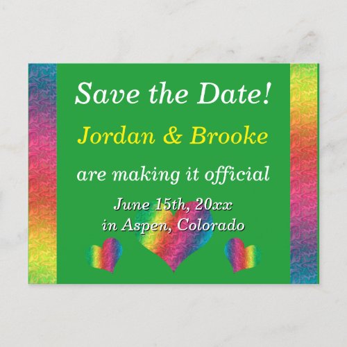 Rainbow Crinkle Wedding Hearts Postcard Green
