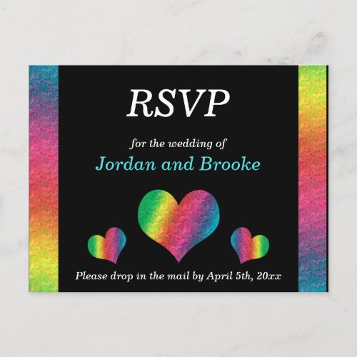 Rainbow Crinkle Wedding Hearts RSVP Card Black