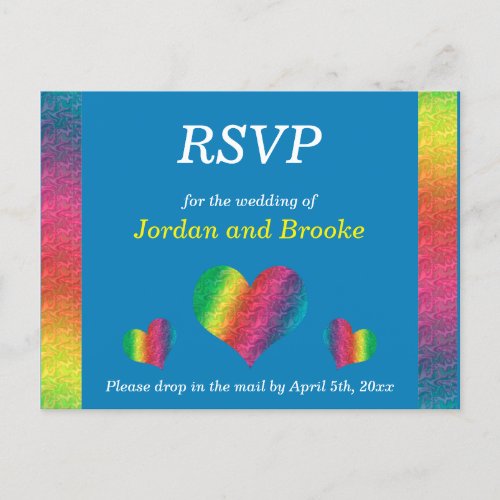 Rainbow Crinkle Wedding Hearts RSVP Card Blue