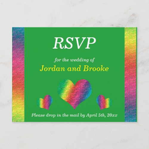 Rainbow Crinkle Wedding Hearts RSVP Card Green