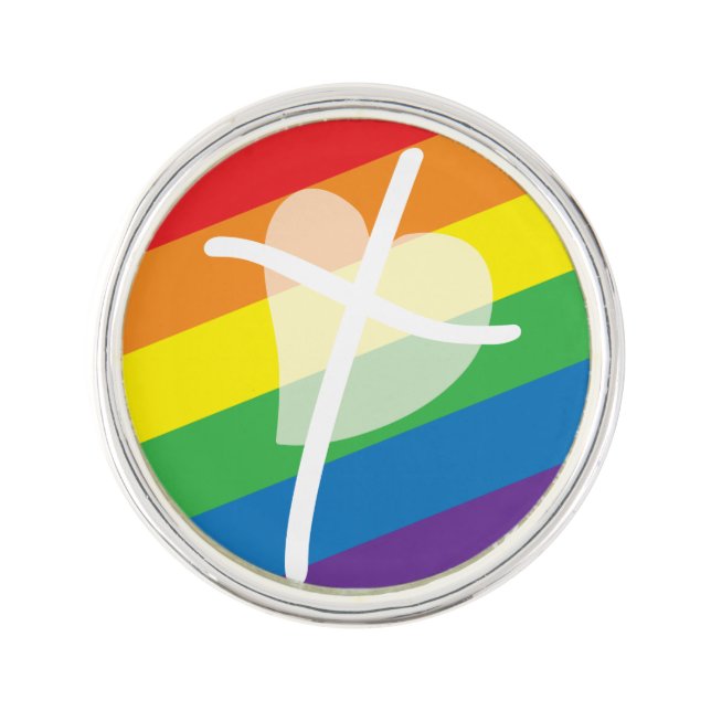 Rainbow cross Christian affirming church lapel pin (Front)