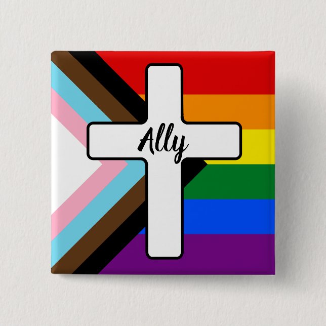 Rainbow Cross Progress Pride Flag Ally Button (Front)