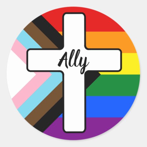 Rainbow Cross Progress Pride Flag Ally Classic Round Sticker