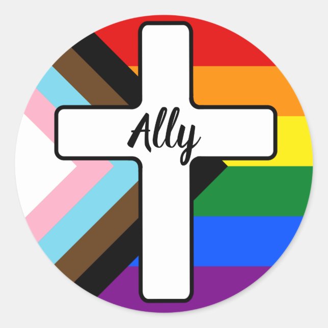 Rainbow Cross Progress Pride Flag Ally Classic Round Sticker (Front)