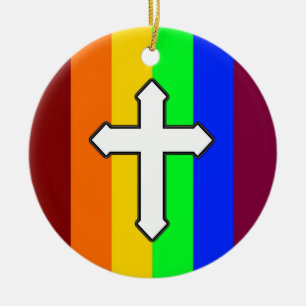Rainbow Cross ROY G BIV Ceramic Ornament