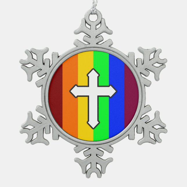 Rainbow Cross ROY G BIV Snowflake Pewter Christmas Ornament (Front)