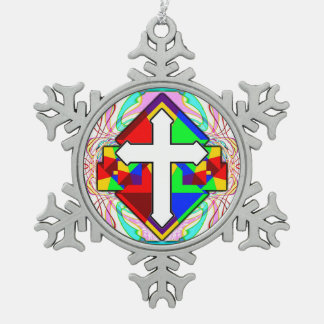 Rainbow Cross Snowflake Pewter Christmas Ornament