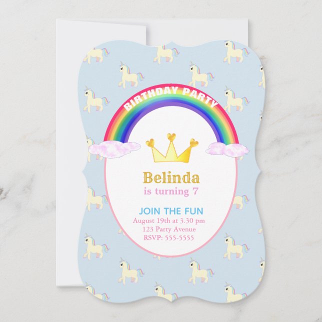 Rainbow, Crown & Unicorns Birthday Party Invitation (Front)
