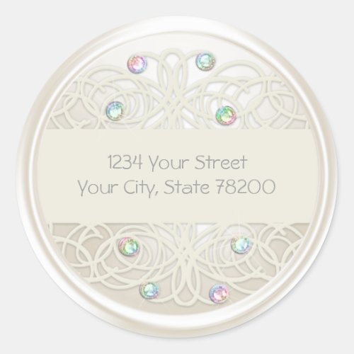 Rainbow Crystal and Pearl Damask Return Address Classic Round Sticker