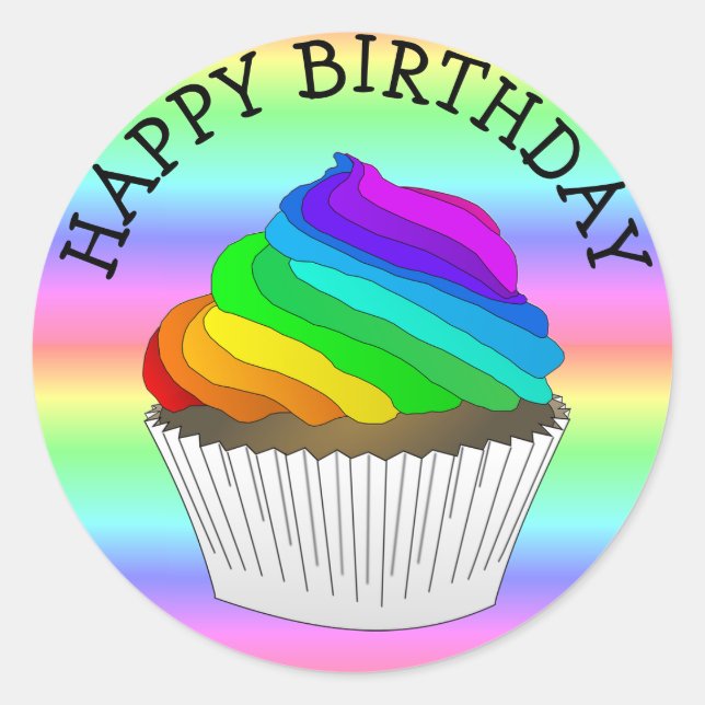 Rainbow Cupcake Happy Birthday Stickers (Front)