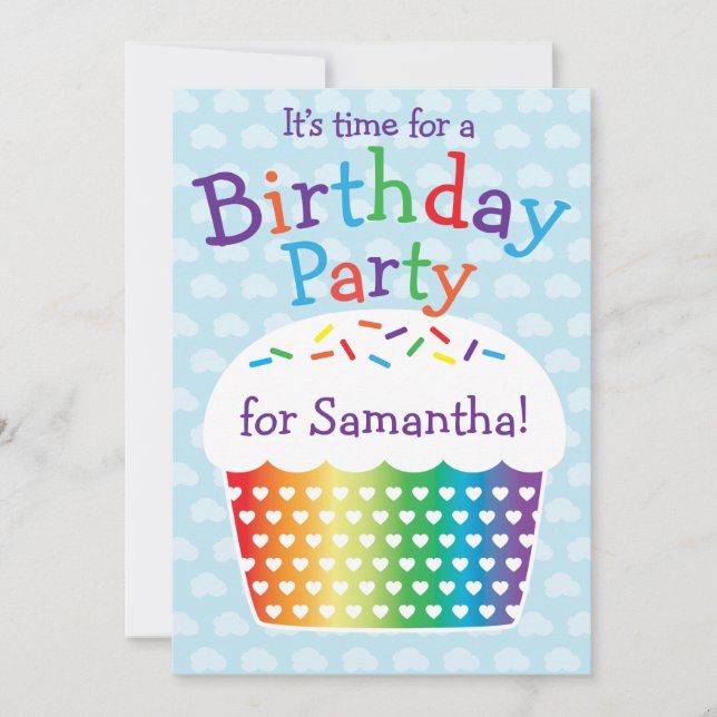 Rainbow Cupcake Kids Birthday Party Invitation (Front)