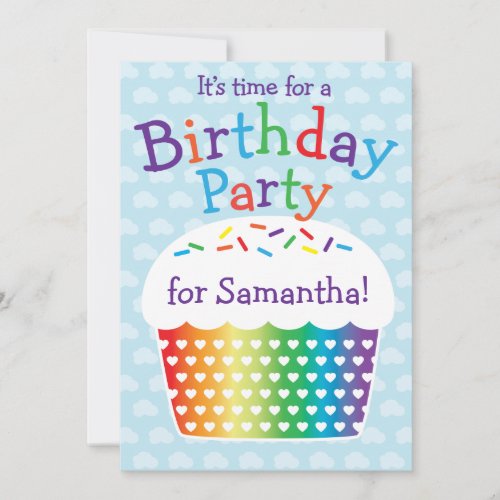 Rainbow Cupcake Kids Birthday Party Invitation