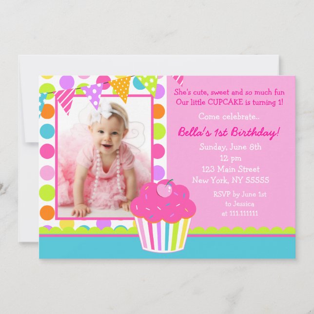 Rainbow Cupcake Photo Birthday Party Invitation (Front)