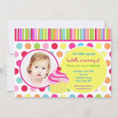 Rainbow Cupcake  Photo Birthday Party Invitations