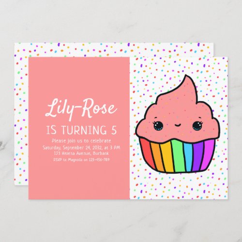 Rainbow Cupcake Sprinkles 5th Birthday Party Invitation