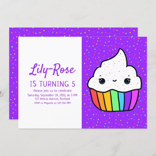 Rainbow Cupcake Sprinkles 5th Birthday Party Invitation