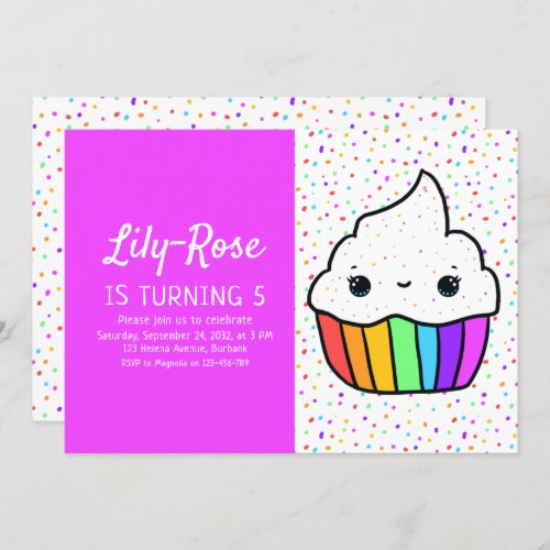 Rainbow Cupcake Sprinkles 5th Birthday Party Invitation