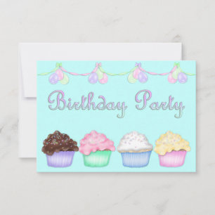 RAINBOW CUPCAKES AQUA BIRTHDAY PARTY INVITATION