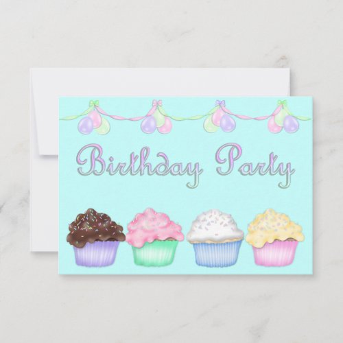 RAINBOW CUPCAKES AQUA BIRTHDAY PARTY INVITATION