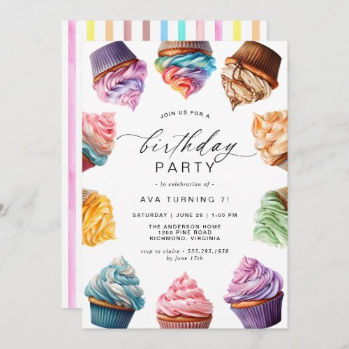 Rainbow Cupcakes  Cute Girls Birthday Party Invitation