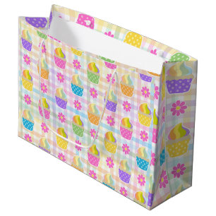Rainbow Cupcakes over Plaid Multi Color Background Large Gift Bag