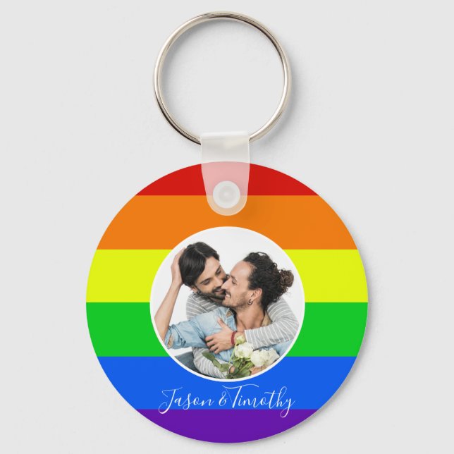 Rainbow Custom Couple Photo LGBTQ Anniversary Gift Keychain (Front)
