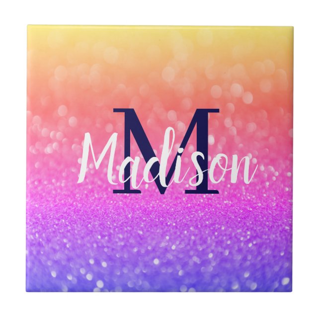 Rainbow Custom Glitter Name Personalized Ceramic Tile (Front)