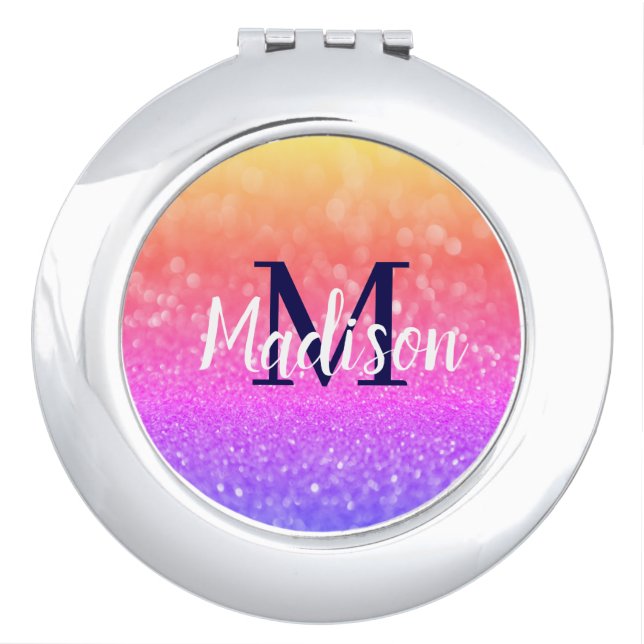 Rainbow Custom Glitter Name Personalized Compact Mirror (Front)