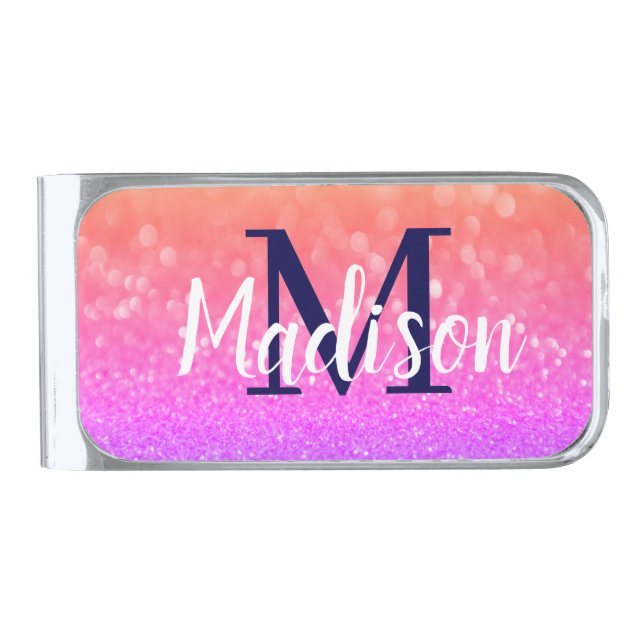 Rainbow Custom Glitter Name Personalized Silver Finish Money Clip (Front)