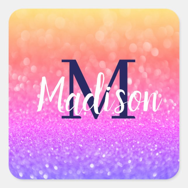 Rainbow Custom Glitter Name Personalized Square Sticker (Front)