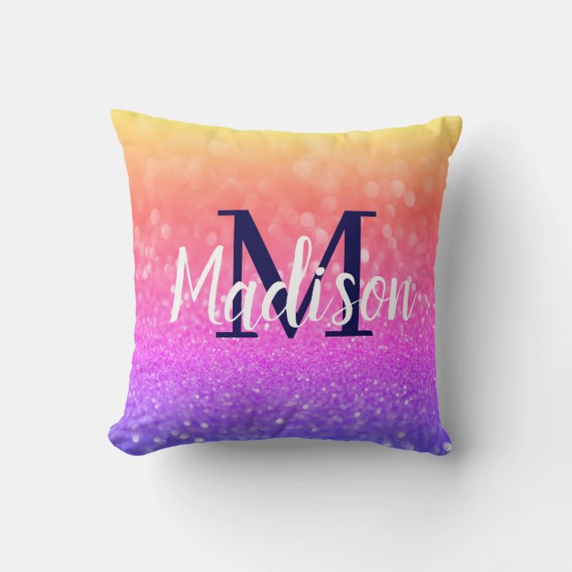Rainbow Custom Glitter Name Personalized Throw Pillow (Front)