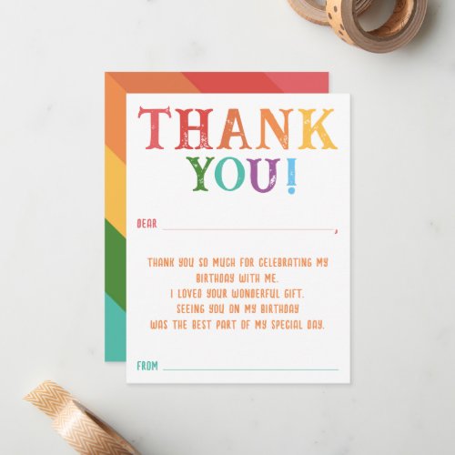 Rainbow Custom Message Fill In Thank You Birthday Note Card