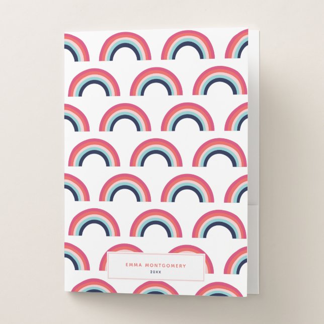 Rainbow Custom Name School Blue Teal Pink Pocket Folder (Front)