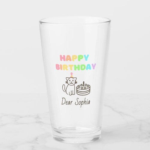 RainbowCute Cat Happy Birthday Glass