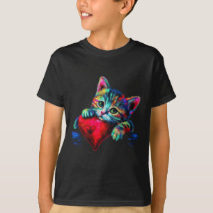 Rainbow Cute Cat Hugging Heart Kitten Lying On Hea T-Shirt