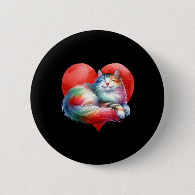 Rainbow Cute Cat Hugging Heart Kitty Love Cat Vale Button (Front)