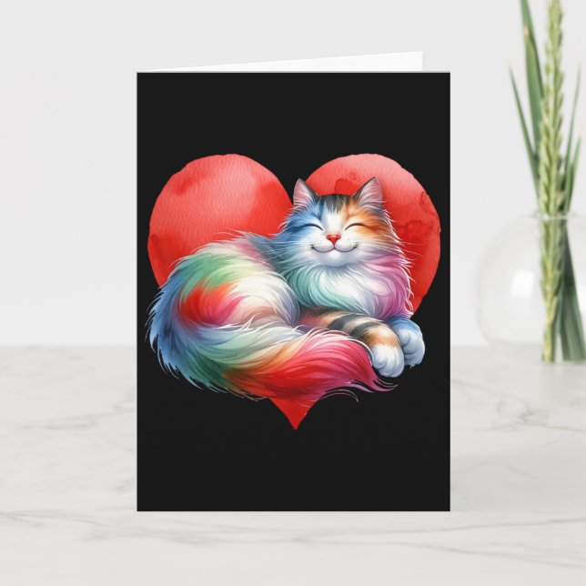 Rainbow Cute Cat Hugging Heart Kitty Love Cat Vale Card (Front)