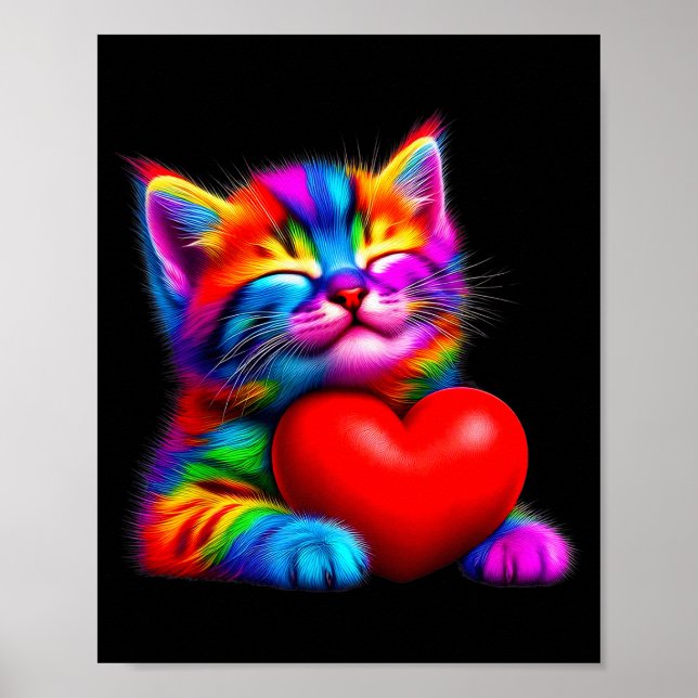 Rainbow Cute Cat Hugging Valentine Heart Kitty Lov Poster (Front)