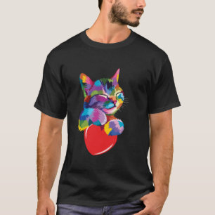 Rainbow Cute Cat Hugging Valentine Heart Kitty Lov T-Shirt