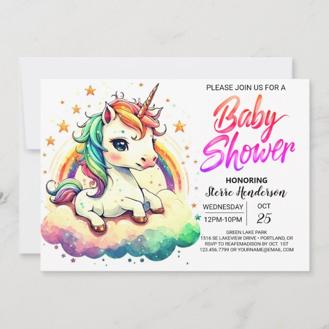 Rainbow Cute Editable Unicorn Baby Shower Invitation (Front)