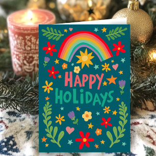 Rainbow Cute Floral Hand-drawn Colorful CUSTOM Holiday Card
