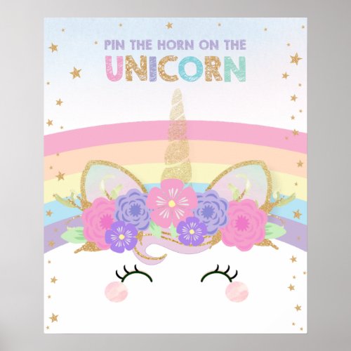 Rainbow Cute Fun Pin the Horn on the Unicorn Game Poster