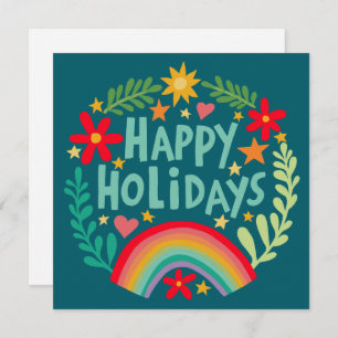 Rainbow Cute Hand-drawn Colorful CUSTOM Square Holiday Card