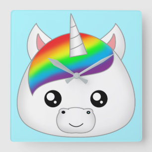 Rainbow Cute Kawaii Unicorn Face Head Square Wall Clock