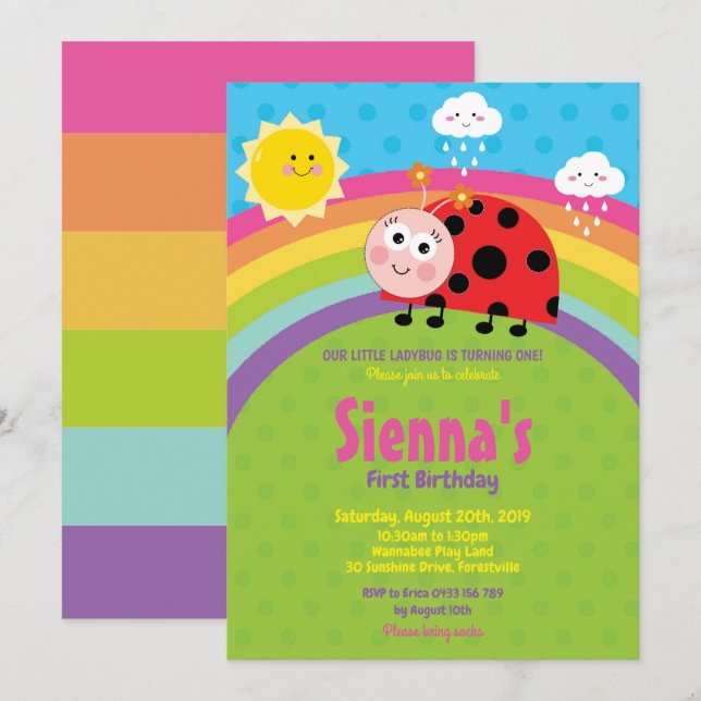 Rainbow Cute Ladybug 1st Birthday Party Girl Invitation (Front/Back)
